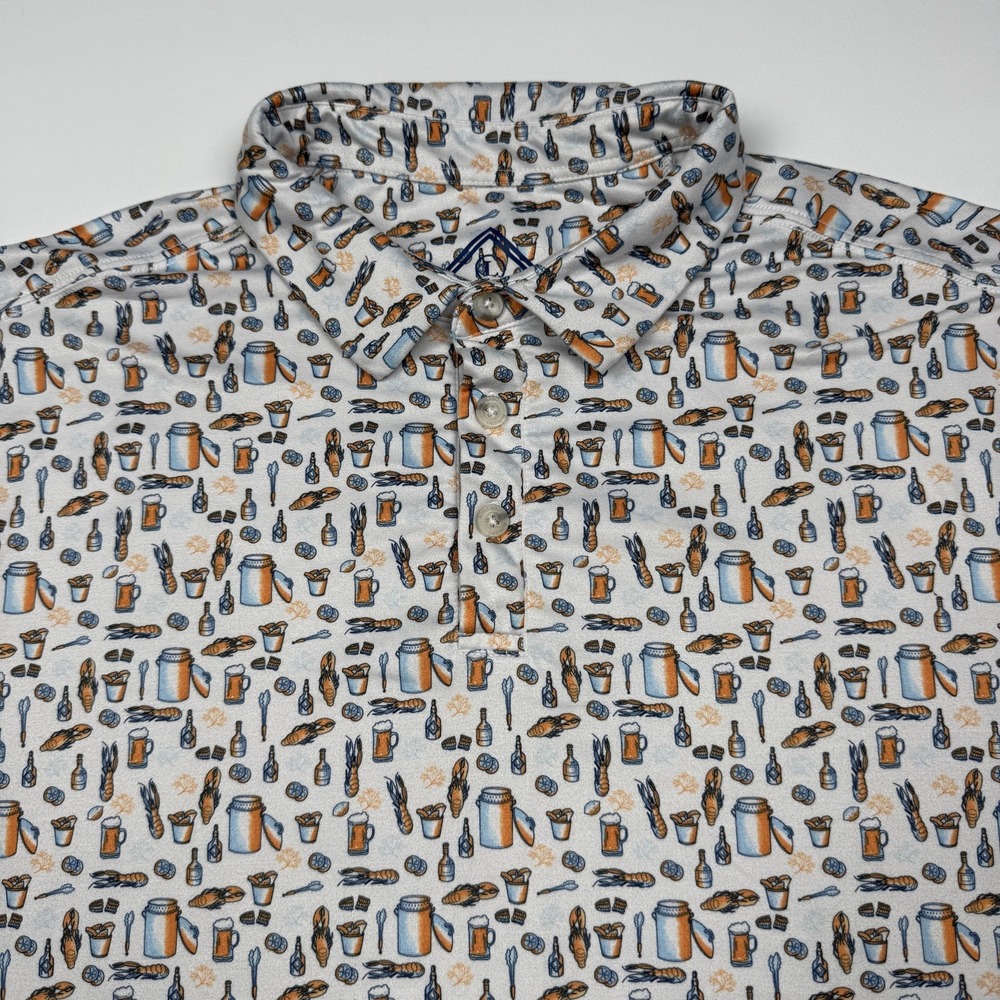 Burlebo Polo Shirt Mens Large Beer Seafood Print Golf Performance Stretch Tech